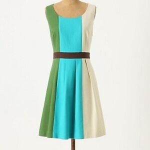 Tabitha Glanz by Anthropologie Green, Blue, and Cream Colorblock Dress